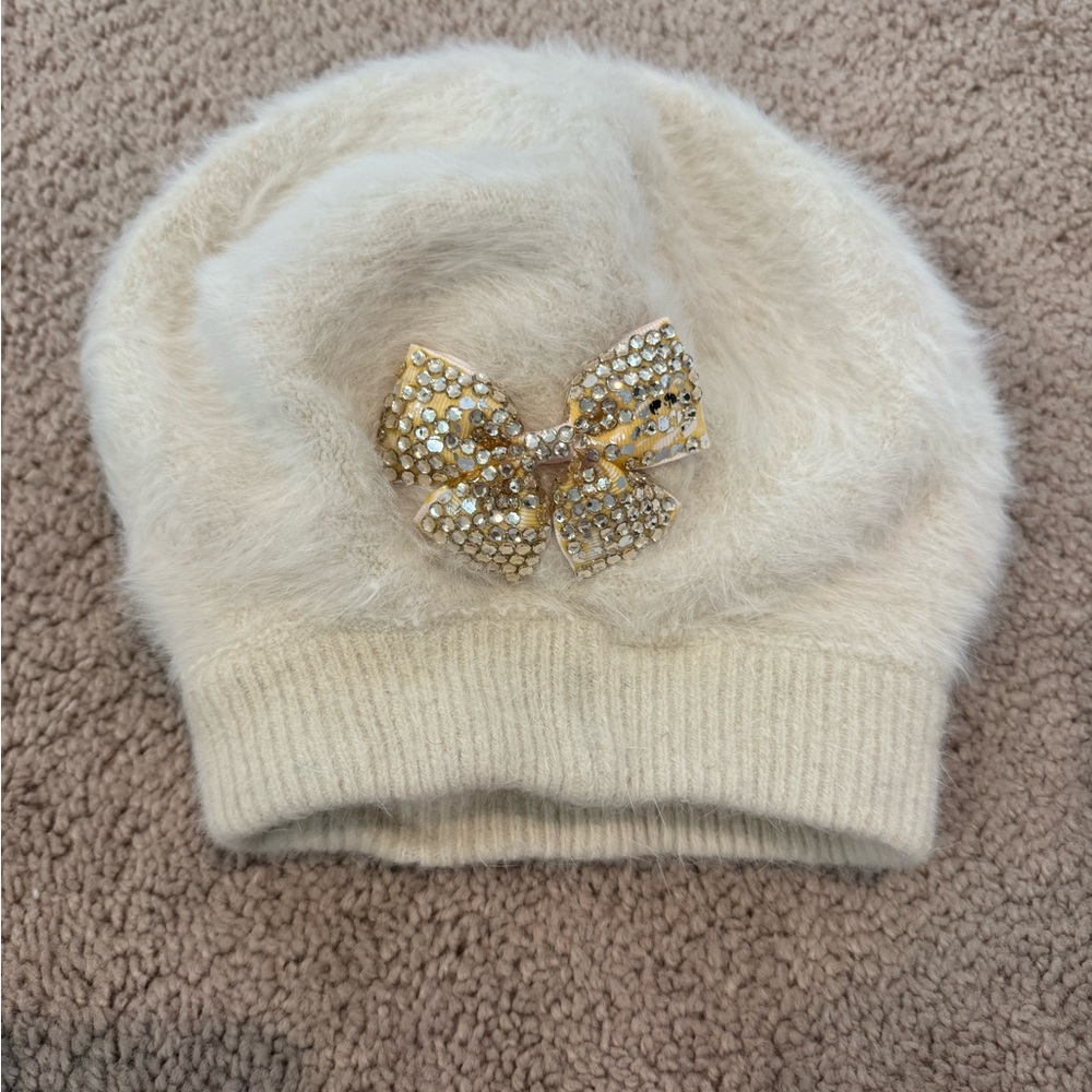 Vintage Angora Beanie with Gold Bow